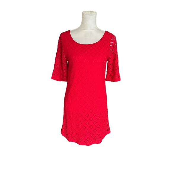 Love Notes Size M Red Lace Dress Bell Sleeves Oversized Zipper Classic Demure - Picture 1 of 11